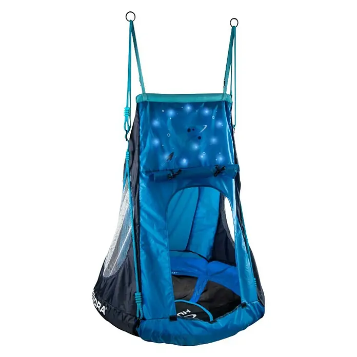 Hudora Nestschaukel Cosmos LED 90 - Durchmesser: 90 cm, Glas, Blau, Schwarz - Blauer Hängehöhle-Schaukelstuhl mit Sternenmuster, ideal zum Entspannen und Spielen. Der Stuhl ist an einem robusten Rahmen aufgehängt.