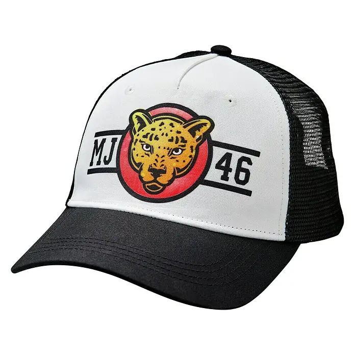 Cricut Mütze Trucker Hat - Einheitsgröße, Weiß, 3 Stk. - Schwarze und weiße Trucker-Mütze mit Leopardenkopf, "MJ" und "46", ein stylisches Accessoire für jeden Anlass.