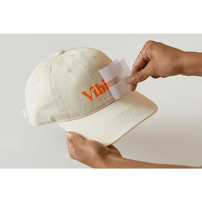 Cricut Transferpresse Hat Press - Passend für: Mützen, Drucktechnologie: Wärmeübertragung - Eine beigefarbene Baseballkappe mit orangenem "Vibi"-Logo, die mit einem transparenten Schutzfilm versehen wird. Schützt das Logo vor Beschädigung.