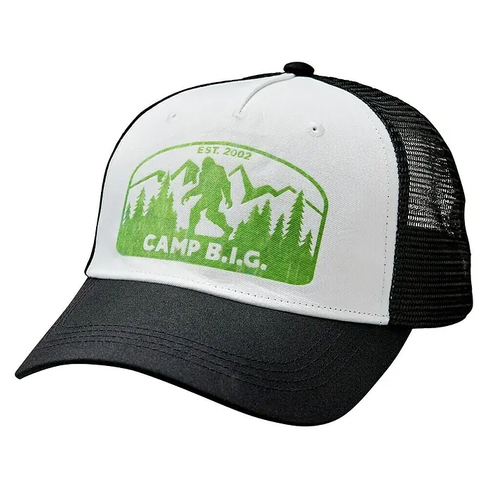 Cricut Mütze Trucker Hat - Einheitsgröße, Weiß, 3 Stk. - Schwarze Baseballkappe mit weißer Vorderseite und grünem Camp B.I.G. Logo, ideal für Outdoor-Abenteuer und zum Schutz vor Sonne.