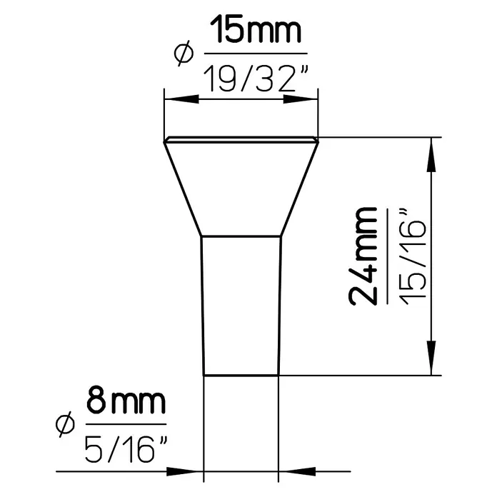 Siro Möbelknopf - Typ Möbelgriff: Knopf, Ø x L: 15 x 24 mm, Stahl, Silber - Technische Zeichnung eines Zapfens mit den Maßen 15mm (oben), 8mm (unten) Durchmesser und 24mm Höhe.