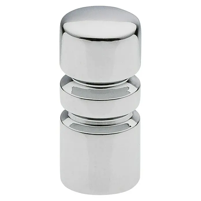 Siro Möbelknopf - Typ Möbelgriff: Knopf, Durchmesser: 12 mm, Chrom, Stahl - Nahaufnahme eines glänzenden, mehrteiligen, versilberten Knopfes für ein elegantes Möbelstück oder eine Inneneinrichtung.