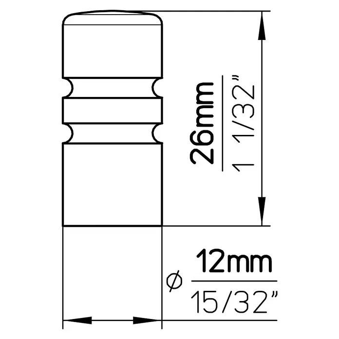 Siro Möbelknopf - Typ Möbelgriff: Knopf, Durchmesser: 12 mm, Silber, Stahl - Technische Zeichnung eines Gummipuffers mit den Maßen 26mm Höhe und 12mm Durchmesser für präzise Anwendungen.