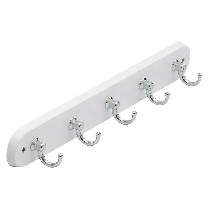 Siro Schlüsselbrett - B x H: 36 x 38 mm - Eine weiße Garderobenleiste mit fünf silberfarbenen Haken zur Aufbewahrung von Jacken, Hüten oder Handtüchern. Praktisch und stilvoll für jeden Raum.