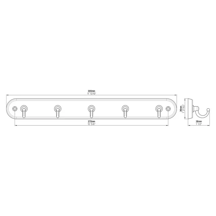 Siro Schlüsselbrett - B x H: 36 x 38 mm - Schemazeichnung einer Wandgarderobe mit fünf Haken, Bemaßungen in Millimetern und Zoll angegeben.
