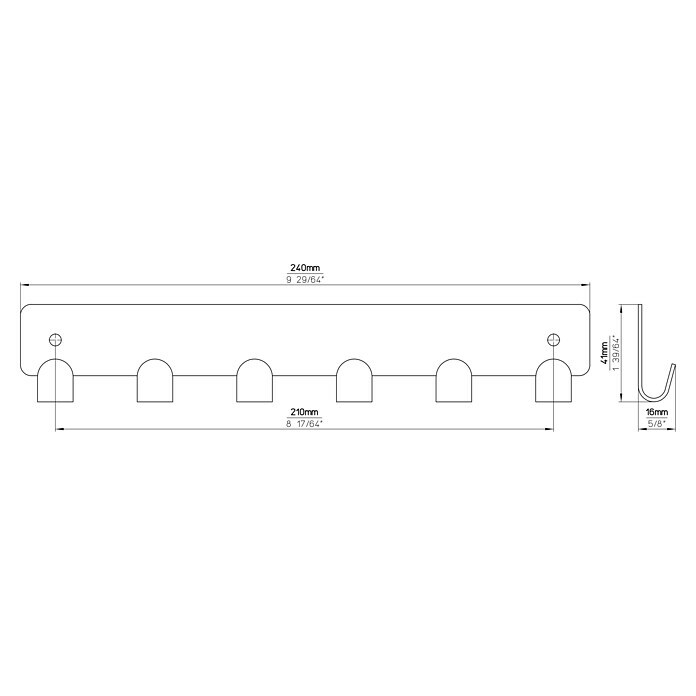 Siro Garderobenleiste 1603-240ZN4L x B x H: 240 x 41 x 16 mm, Anzahl Haken: 6 Stk., Vernickelt matt Sketch