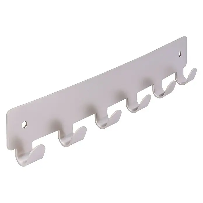 Siro Garderobenleiste 1603-240ZN4 - L x B x H: 240 x 41 x 16 mm, Anzahl Haken: 6 Stk., Vernickelt matt - Eine weiße Garderobenleiste mit sechs Haken zur Wandmontage, ideal für Jacken und Accessoires im Flur oder Badezimmer.