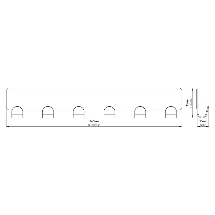 Siro Garderobenleiste 2178-240ZN4KV1S - L x B x H: 240 x 41 x 16 mm, Anzahl Haken: 6 Stk., Silber - Technische Zeichnung eines Hakenleistenprofils mit 6 Haken, Abmessungen und Ansicht von der Seite für Installationsdetails.