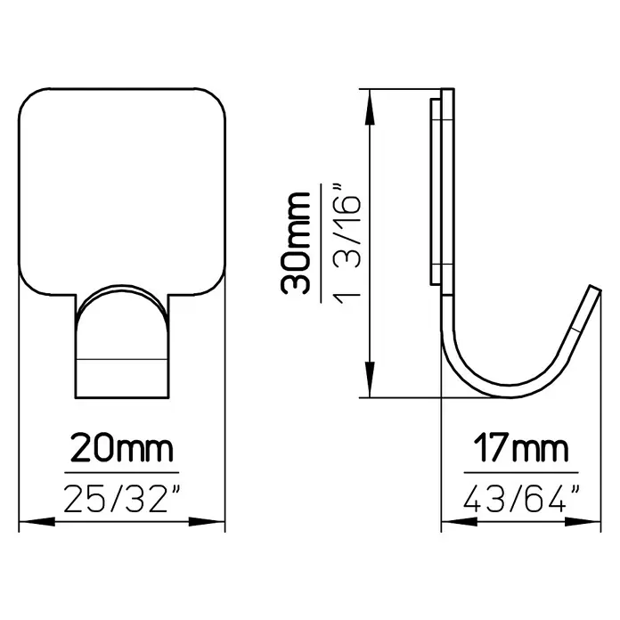 Siro Handtuchhaken 2319/ZN4KV3S - Gesamtstückzahl: 3 Stk., L x B x H: 20 x 30 x 16 mm, Vernickelt - Produktbild einer Hakenzeichnung mit Maßangaben: 30mm Höhe, 20mm Breite und 17mm Ausladung für vielseitige Anwendungen.