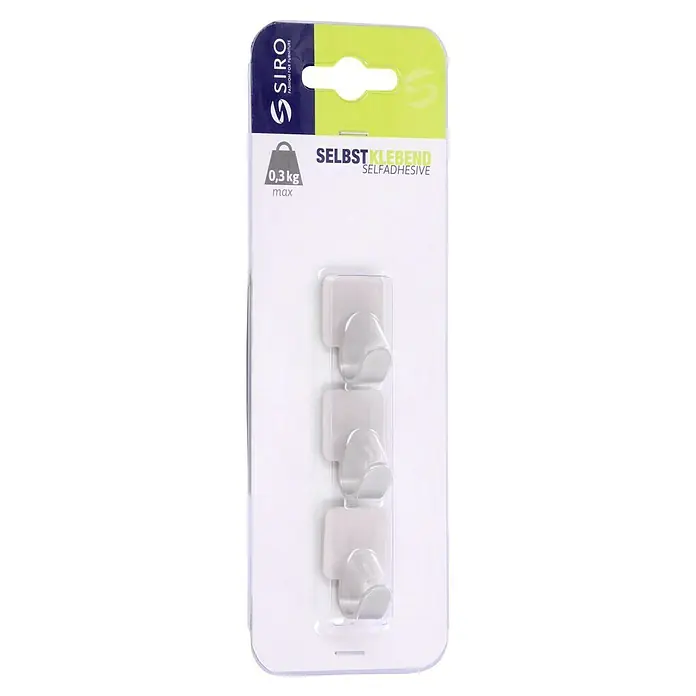 Siro Handtuchhaken 2319/ZN4KV3S - Gesamtstückzahl: 3 Stk., L x B x H: 20 x 30 x 16 mm, Vernickelt - Packung mit drei selbstklebenden SIRO Haken, ideal zum Aufhängen von leichten Gegenständen bis zu 0,3 kg. Praktische Lösung für Ordnung.