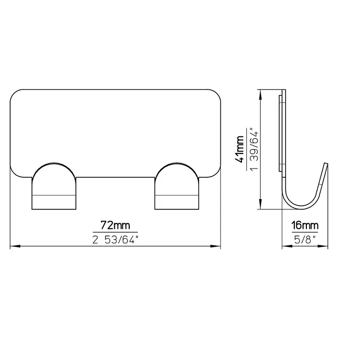 Siro Garderobenleiste 2178-722N4KV1S - L x B x H: 72 x 41 x 16 mm, Anzahl Haken: 2 Stk. - Produktskizze einer Wandhakenleiste mit Maßen: 72 mm breit, 41 mm hoch und 16 mm tief.