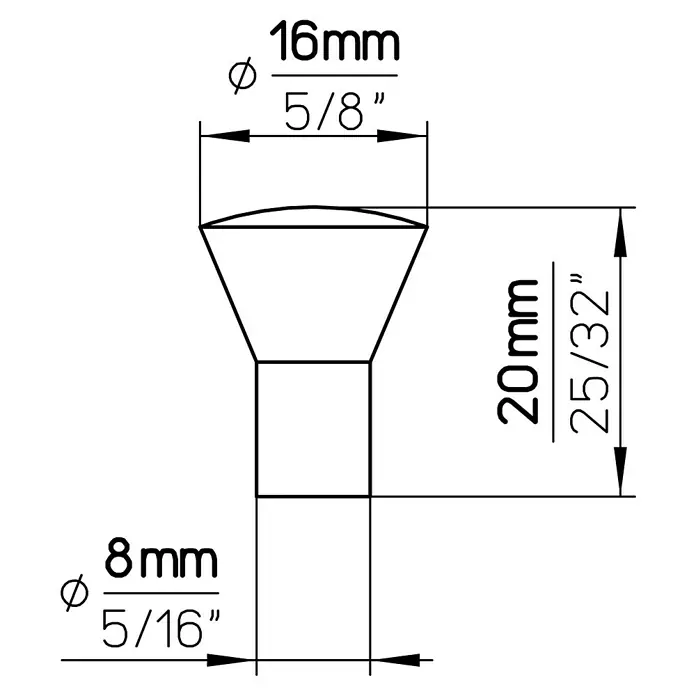 Siro Möbelknopf - Typ Möbelgriff: Knopf, Sonstige, Sonstige, Durchmesser: 16 mm - Technische Zeichnung einer Schraube mit verschiedenen Maßangaben in mm und Zoll.