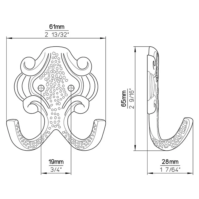 Siro Garderobenhaken 431/ZN10 - L x B x H: 61 x 65 x 28 mm, Anzahl Haken: 1 Stk., Messing - Antik - Technische Zeichnung eines dekorativen Kleiderhakens mit den Maßen 61 mm Breite und 65 mm Höhe.