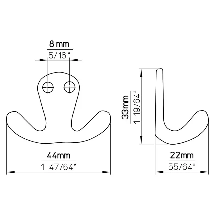 Siro Garderobenhaken 1134PB13 - L x B x H: 44 x 33 x 22 mm, Anzahl Haken: 2 Stk. - Technische Zeichnung eines Garderobenhakens mit Bemaßungen in Millimetern und Zoll zur Produktbeschreibung.