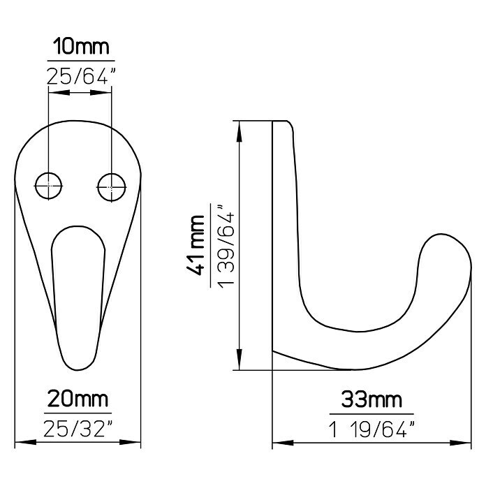 Siro Garderobenhaken 113/ PB8L x B x H: 20 x 41 x 33 mm, Anzahl Haken: 1 Stk. Sketch