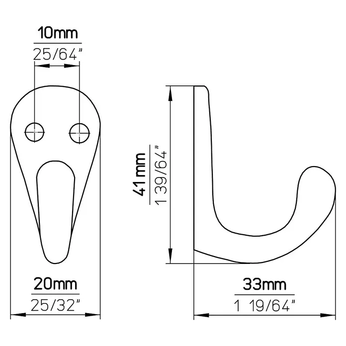 Siro Garderobenhaken 1133/PB1 - L x B x H: 20 x 41 x 33 mm, Anzahl Haken: 1 Stk. - Technische Zeichnung eines Kleiderhakens mit Maßangaben in Millimetern und Zoll für die Produktbeschreibung.