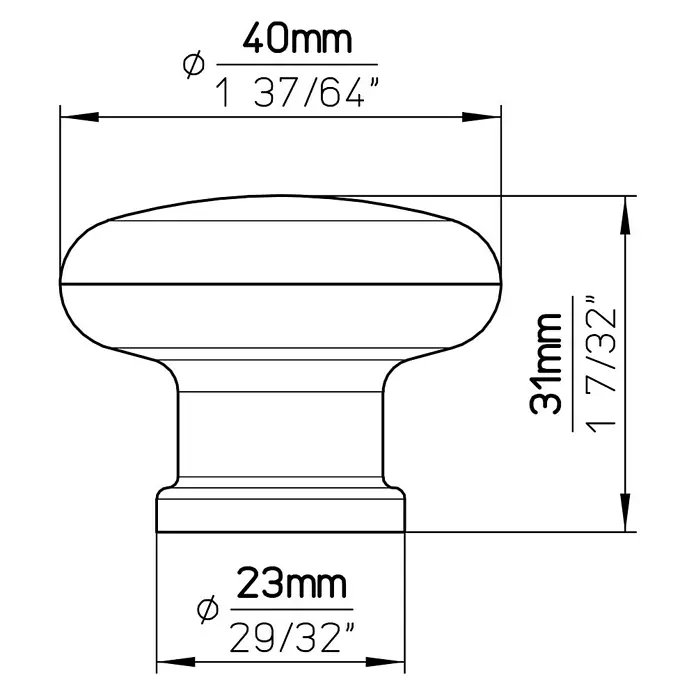 Siro Möbelknopf - Typ Möbelgriff: Knopf, Kunststoff, Ø x L: 40 x 31 mm - Technische Zeichnung eines Möbelknopfs mit Maßangaben: Durchmesser oben 40mm, unten 23mm, Höhe 31mm.
