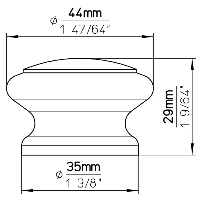 Siro Möbelknopf - Typ Möbelgriff: Knopf, Ø x L: 44 x 29 mm, Holz, Braun - Abbildung eines Möbelknopfs mit technischen Maßen, der Durchmesser beträgt 44 mm und die Höhe 29 mm.