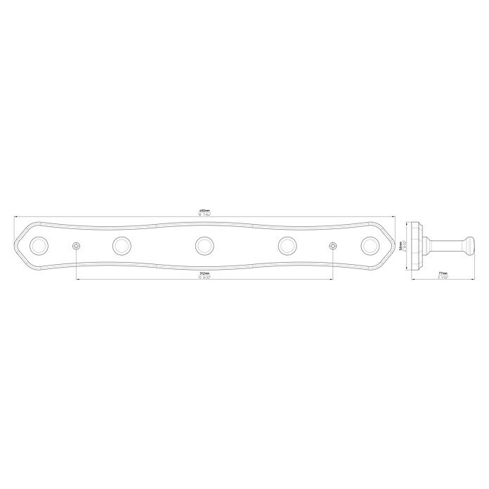 Siro Garderobenleiste S126-460HZ5L x B x H: 460 x 60 x 77 mm, Anzahl Haken: 5 Stk. Sketch