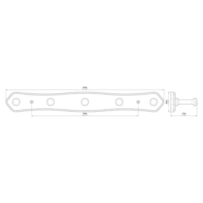 Siro Garderobenleiste S126-460HZ5 - L x B x H: 460 x 60 x 77 mm, Anzahl Haken: 5 Stk. - Produktbild einer Wandgarderobe mit Maßen. Elegantes Design für Jacken, Hüte und mehr. Praktisch und stilvoll für Flur oder Schlafzimmer.