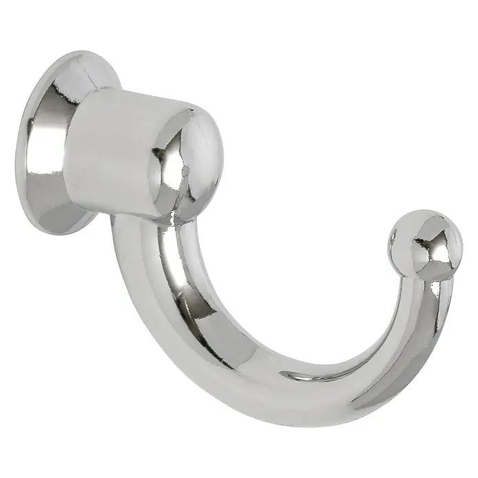 Siro Garderobenhaken - L x B x H: 30 x 12 x 22 mm, Chrom, Stahl - Nahaufnahme eines einzelnen, verchromten Mantelhaken zur Wandmontage mit abgerundeten Enden vor schwarzem Hintergrund.