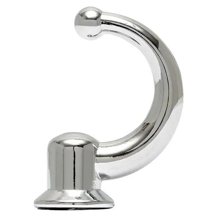 Siro Garderobenhaken - L x B x H: 30 x 12 x 22 mm, Chrom, Stahl - Nahaufnahme eines glänzenden, gebogenen Vaginalspreizers aus poliertem Metall vor schwarzem Hintergrund.
