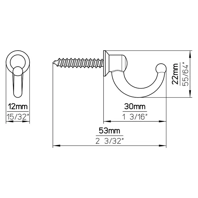 Siro Garderobenhaken - L x B x H: 30 x 12 x 22 mm, Chrom, Stahl - Detailzeichnung eines Metallhakens mit Schraube, Bemaßungen in Millimetern und Zoll für technische Spezifikationen.