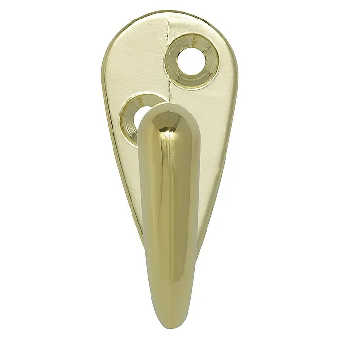 Siro Garderobenhaken - L x B x H: 43 x 19 x 38 mm, Gold, Stahl - Nahaufnahme eines goldenen Mantelhaken mit glänzender Oberfläche und zwei Löchern zur Befestigung an einer Wand oder Tür.