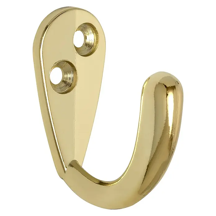 Siro Garderobenhaken - L x B x H: 43 x 19 x 38 mm, Gold, Stahl - Nahaufnahme eines einzelnen, goldenen Wandhakens mit zwei Löchern zur Befestigung, ideal für Badezimmer oder Schlafzimmer.