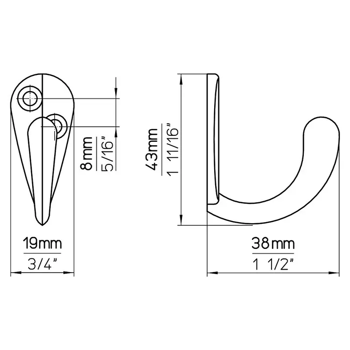 Siro Garderobenhaken - L x B x H: 43 x 19 x 38 mm, Nickel, Stahl - Abbildung einer Wandgarderobe mit den Maßen 43 x 38 x 19 mm.