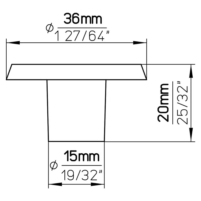 Siro Möbelknopf - Typ Möbelgriff: Knopf, Stahl, Chrom, Glänzend - Abbildung eines Produkts mit den Maßen: Durchmesser oben 36 mm, Höhe 20 mm, Durchmesser unten 15 mm.