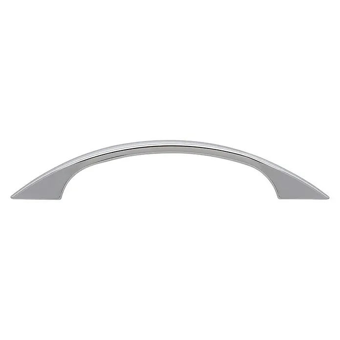 Siro Möbelgriff - Typ Möbelgriff: Bügel, L x B x H: 102 x 11 x 19 mm, Stahl, Chrom - Glänzender, gebogener Möbelgriff aus Chrom vor schwarzem Hintergrund. Elegantes Design für moderne Möbelstücke.