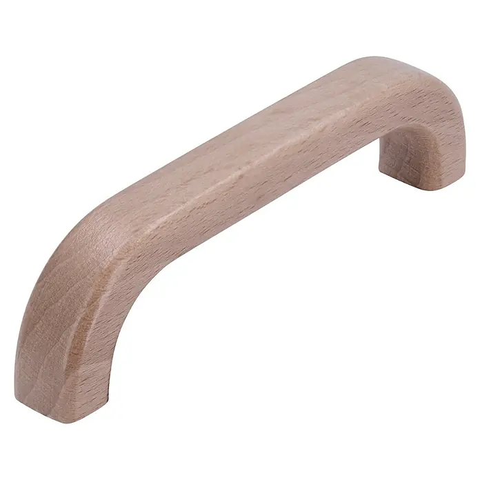 Siro Möbelgriff - Typ Möbelgriff: Bügel, L x B x H: 108 x 14 x 29 mm, Holz, Braun - Nahaufnahme eines Holzgriffs mit glatter Oberfläche und abgerundeten Kanten, ideal für Möbel oder Schränke.