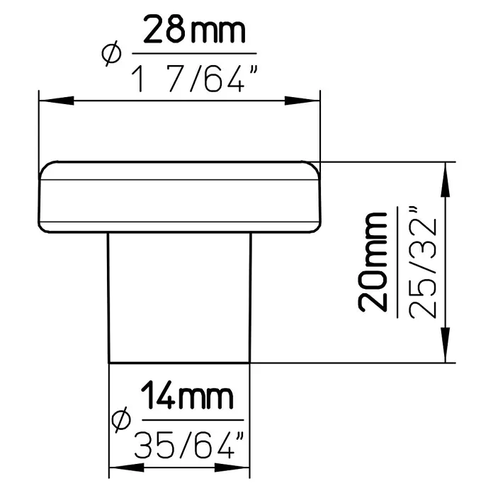 Siro Möbelknopf - Typ Möbelgriff: Knopf, Ø x H: 28 x 20 mm, Kunststoff, Silber - Technische Zeichnung eines Knopfes mit den Maßen 28 mm Durchmesser, 20 mm Höhe und 14 mm Durchmesser am Fuß.