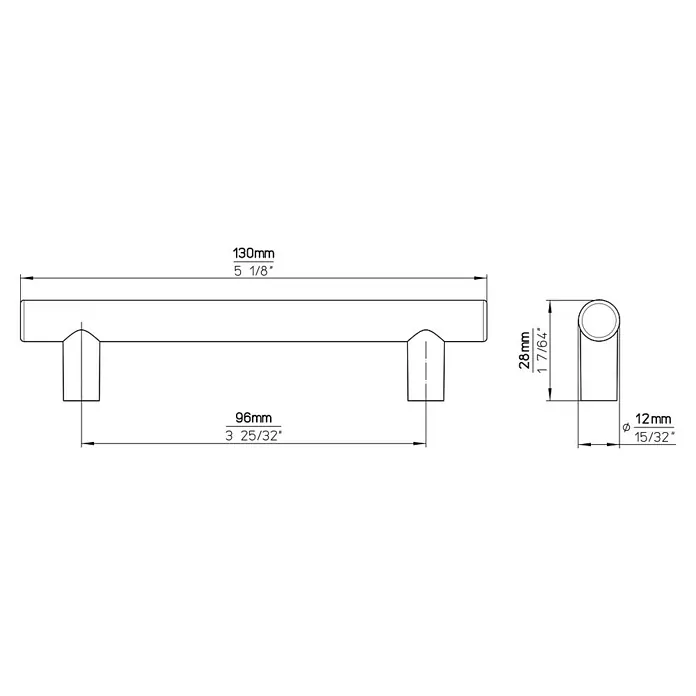 Siro Möbelgriff - Typ Möbelgriff: Stange, L x B: 130 x 28 mm, Kunststoff, Nickel - Technische Zeichnung eines Möbelgriffs mit den Maßen 130 mm Länge, 96 mm Lochabstand, 28 mm Höhe und 12 mm Durchmesser.