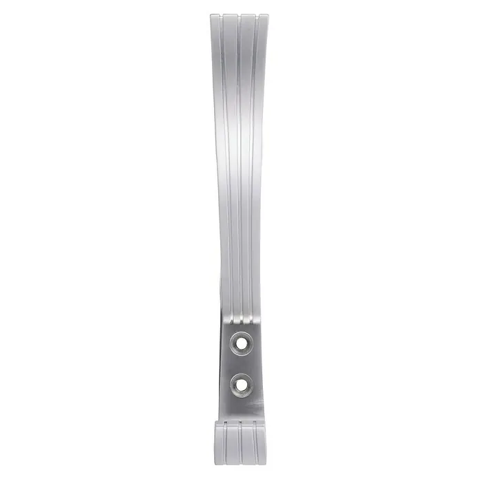 Siro Garderobenhaken - L x B x H: 154 x 20 x 77 mm, Stahl, Silber - Abbildung eines silberfarbenen, länglichen Profils mit Rillen und Löchern, das ein Bauelement oder eine Strukturkomponente darstellt.