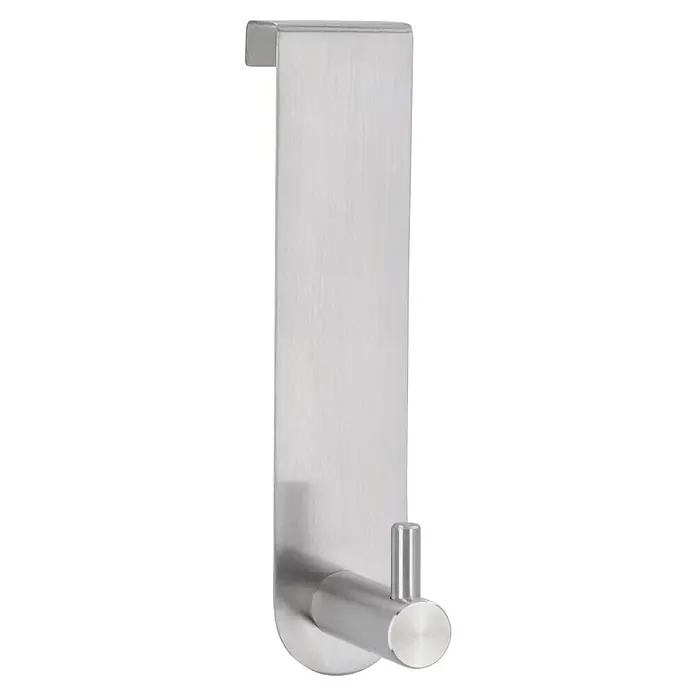 Siro Garderobenhaken 1983-135N1V1E - L x B x H: 135 x 30 x 41 mm, Anzahl Haken: 1 Stk. - Nahaufnahme eines Türhakenleiste aus gebürstetem Edelstahl mit einem einzelnen Haken zum Aufhängen von Gegenständen.