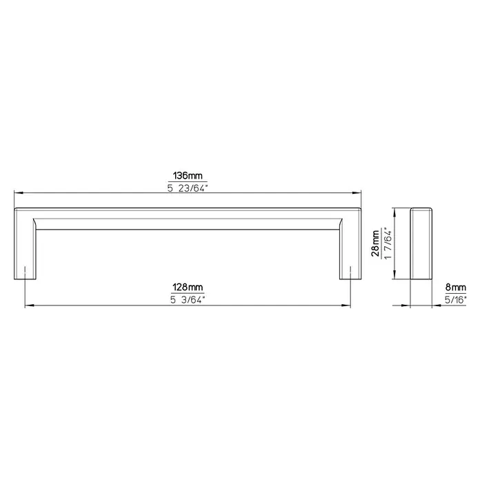 Siro Möbelgriff - Typ Möbelgriff: Bügel, L x B: 136 x 8 mm, Anthrazit, Material Möbelgriff: Stahl - Technische Zeichnung eines modernen Möbelgriffs mit Maßangaben.