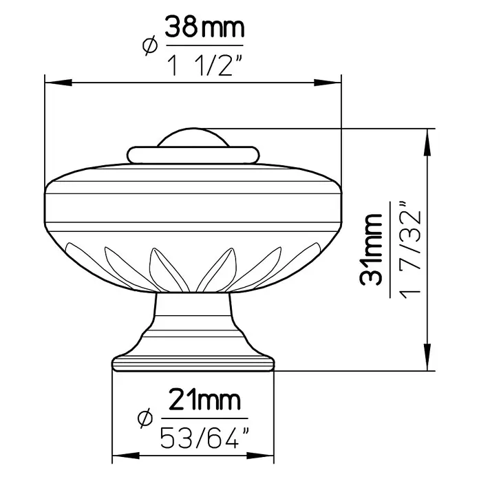Siro Möbelknopf - Typ Möbelgriff: Knopf, Kunststoff, Sonstige, Durchmesser: 38 mm, Gold - Zeichnung eines dekorativen Möbelknopfs mit den Maßen 38 mm Durchmesser oben und 21 mm Durchmesser unten, Höhe 31 mm.