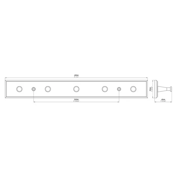 Siro Garderobenleiste - L x B x H: 400 x 48 x 50 mm, Kunststoff, Braun - Technische Zeichnung einer LED-Wandleuchte mit Abmessungen in Millimetern und Zoll. Detailansicht der Wandhalterung mit Befestigungsdetails.