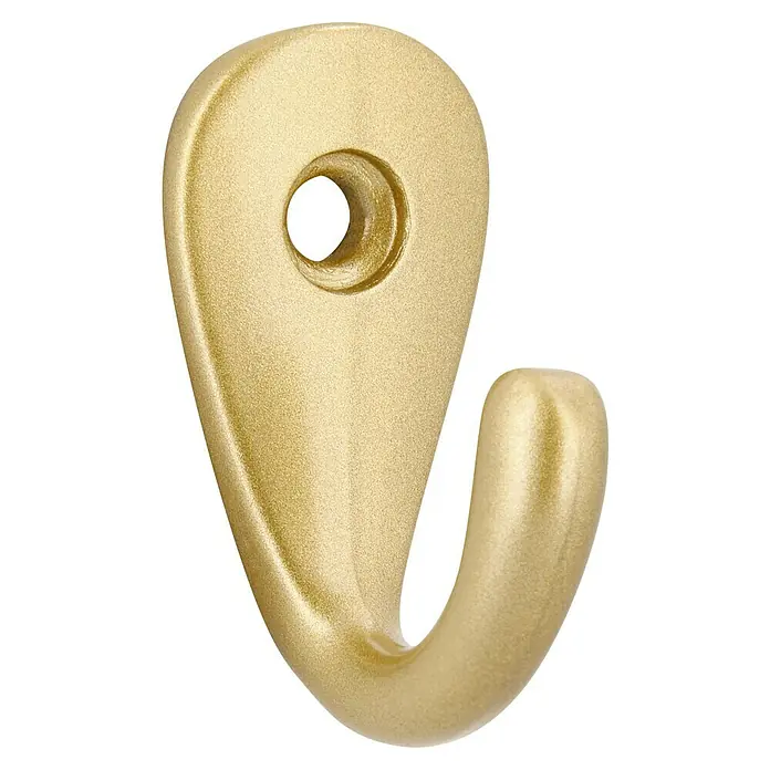 Siro Garderobenhaken - L x B x H: 35 x 118 x 27 mm, Gold, Stahl - Nahaufnahme eines einzelnen, goldenen Wandhakens mit einem Loch zur Befestigung. Das Design ist schlicht und elegant.