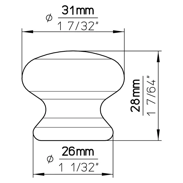 Siro Möbelknopf - Typ Möbelgriff: Knopf, Ø x H: 31 x 28 mm, Porzellan, Weiß - Detailzeichnung eines Möbelknopfs mit Maßangaben (31mm Durchmesser oben, 26mm Durchmesser unten, 28mm Höhe).