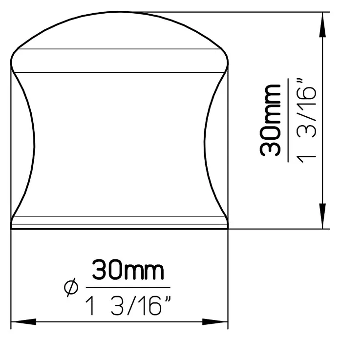 Siro Möbelknopf - Typ Möbelgriff: Knopf, Ø x H: 30 x 30 mm, Kunststoff, Silber - Technische Zeichnung eines runden Möbelknopfs mit Maßen (30mm Durchmesser und 30mm Höhe), dargestellt in Millimetern und Zoll.