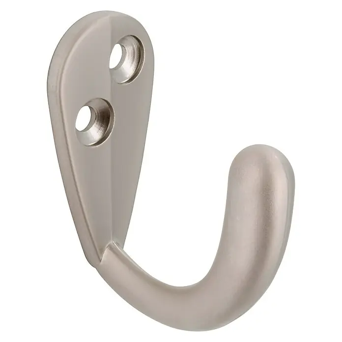 Siro Garderobenhaken - L x B x H: 43 x 19 x 38 mm, Nickel, Stahl - Nahaufnahme eines einzelnen, satinverchromten Wandhakens mit Schraubenlöchern zur Befestigung.