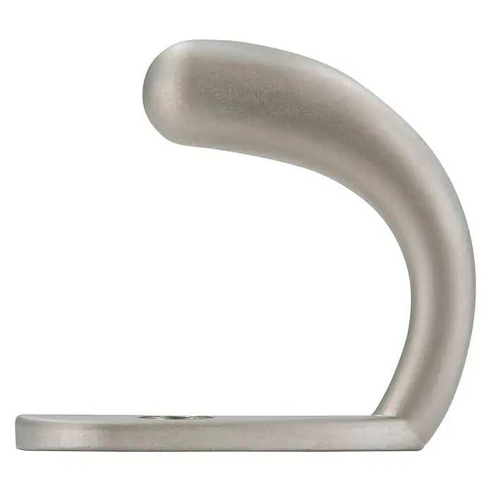 Siro Garderobenhaken - L x B x H: 43 x 19 x 38 mm, Nickel, Stahl - Nahaufnahme eines silbernen Kleiderhakens mit gebogener Form und flacher Basis zur Wandmontage.