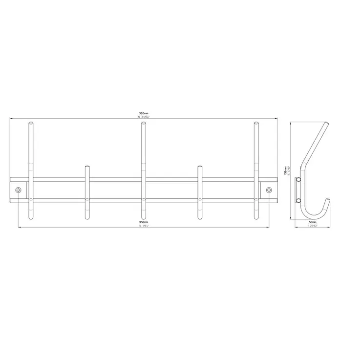 Siro Garderobenleiste - L x B x H: 380 x 150 x 50 mm, Anzahl Haken: 5 Stk. - Abbildung einer Garderobenleiste mit fünf Haken und den dazugehörigen Maßangaben.