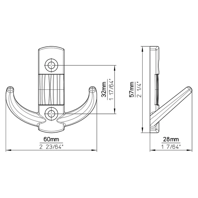 Siro Garderobenhaken 2214/ZN29 - L x B x H: 60 x 148 x 66 mm, Anzahl Haken: 1 Stk. - Eine technische Zeichnung eines dreifachen Wandhakens mit Maßangaben, die seine Größe und Abmessungen veranschaulichen.