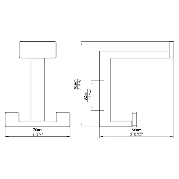 Siro Garderobenhaken 2324/ZN1 - L x B x H: 70 x 92 x 80 mm, Anzahl Haken: 1 Stk., Farbe: Chrom - Technische Zeichnung eines Handtuchhalters mit Maßangaben in Millimetern und Zoll.