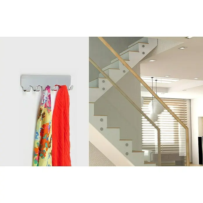 Siro Garderobenleiste 2178-240ZN1KV1S - L x B x H: 240 x 41 x 16 mm, Anzahl Haken: 6 Stk., Silber - Wandgarderobe mit mehreren Haken, an denen zwei Schals hängen, neben einem modernen Treppenhaus.
