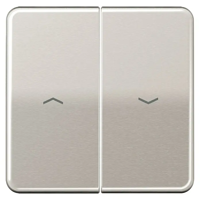Jung CD 500 Jalousiewippe CD595PPT - Platin, Aluminium, IP20 - Nahaufnahme eines Doppel-Lichtschalters aus gebürstetem Edelstahl mit Pfeilsymbolen zur Auf- und Abwärtssteuerung.